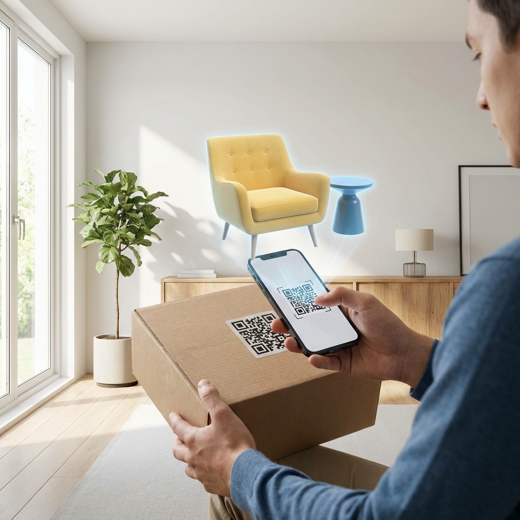 Person scanning a QR code to launch an augmented reality furniture preview