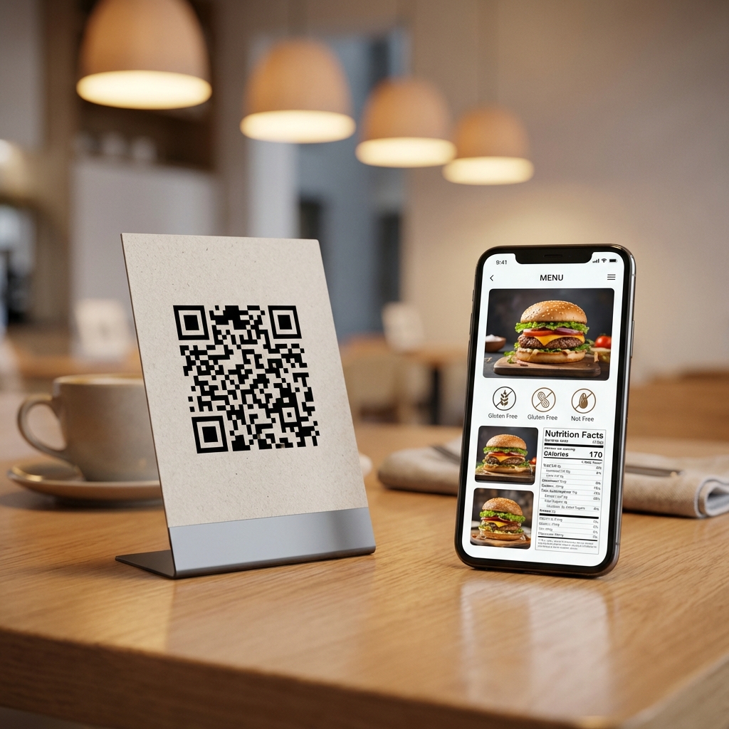 Restaurant table with QR code showing a digital menu on a smartphone