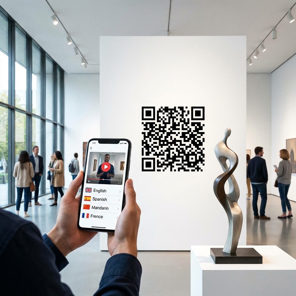 Museum visitor scanning QR code next to artwork for educational content
