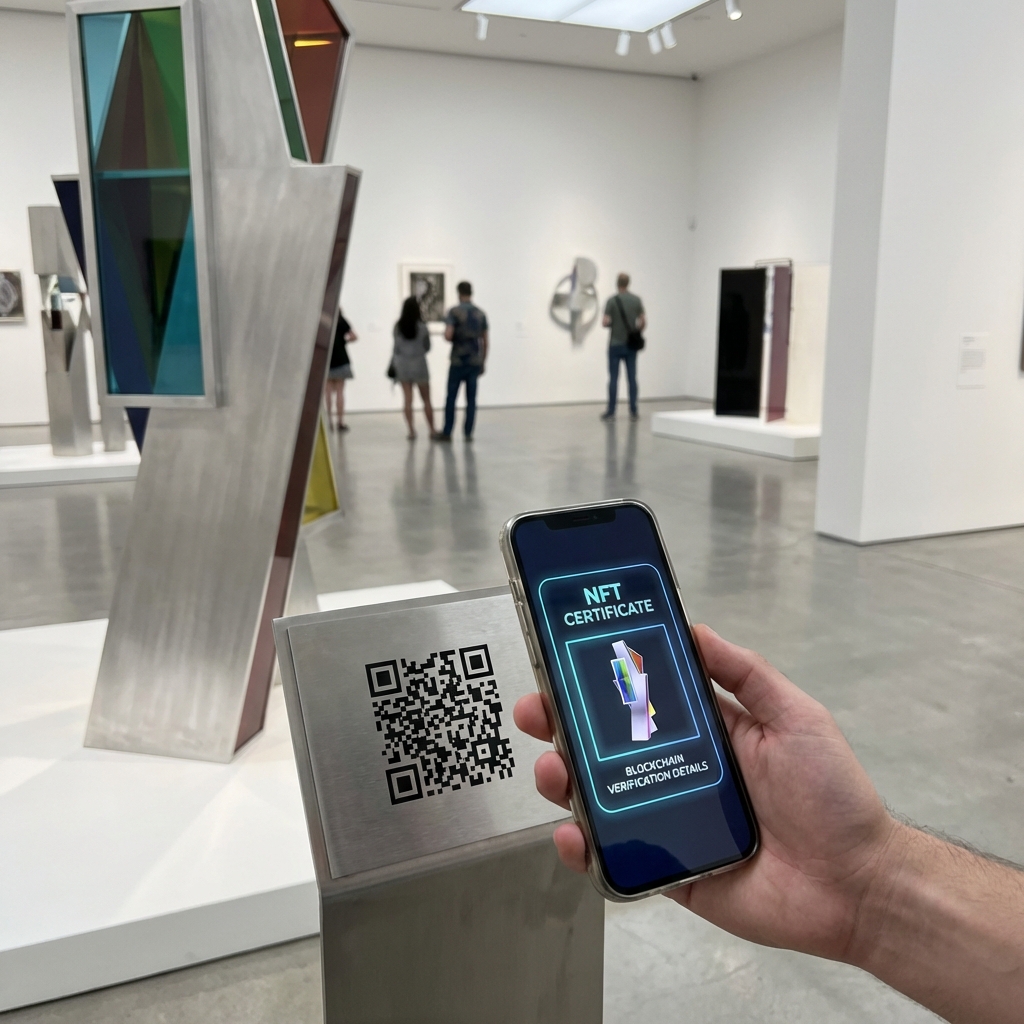Art gallery piece with QR code linking to NFT certificate